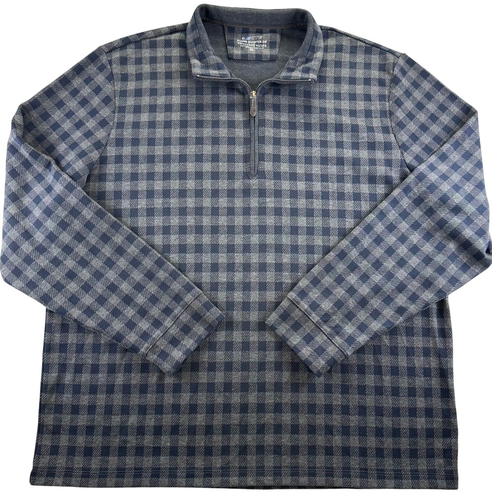 Vineyard Vines OTG Bluffs Quarter-Zip Pullover Navy Grey Gingham Mens XL‎ Preppy